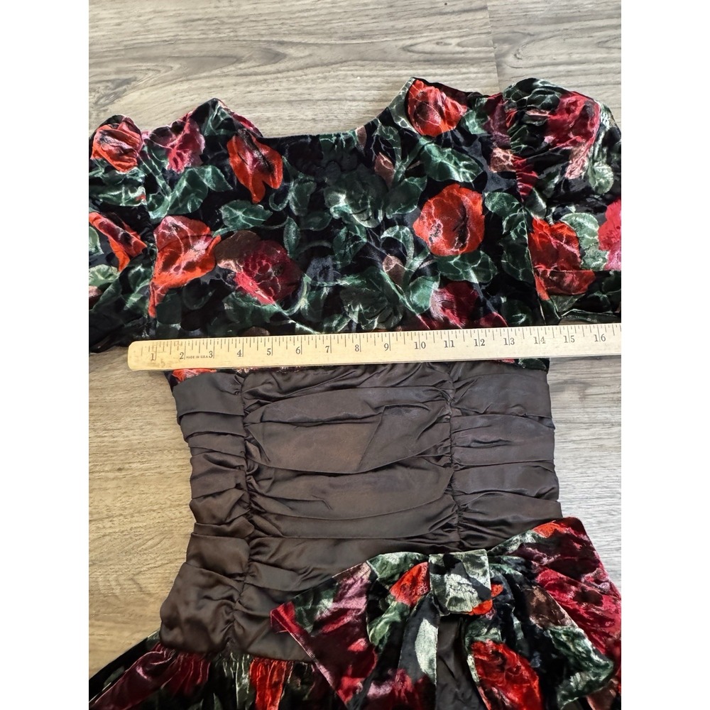 Vintage 1980s Party Dress M Black Red Velvet Floral Glam USA Puff Sleeve Bow - Picture 6 of 16